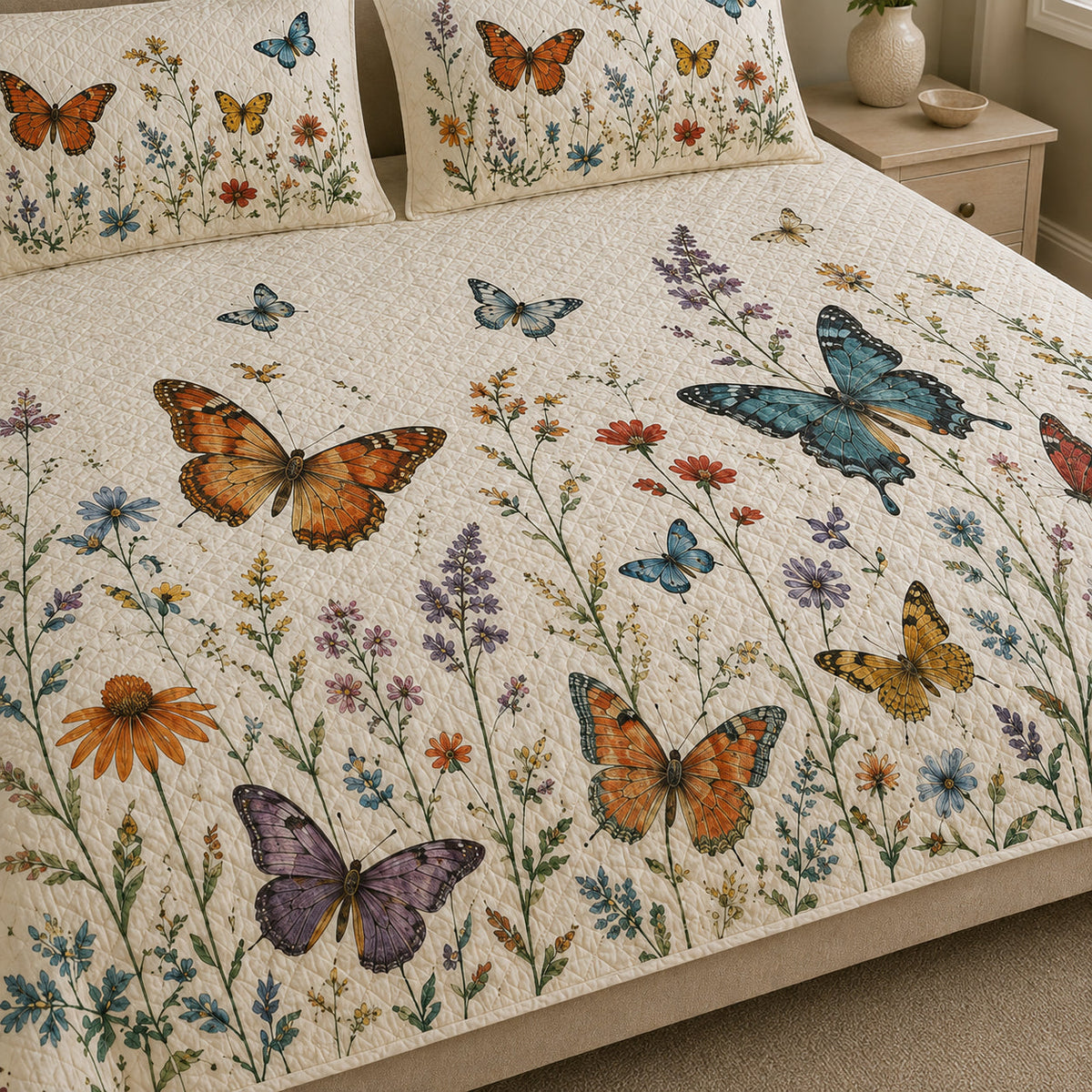 Butterfly Wildflower Quilt Set: close view of the quilt artwork showing Butterfly Wildflower