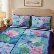 Purple Dragonfly Lotus Floral Quilt Set: wider bedroom view with matching shams showing Purple Dragonfly Lotus Floral