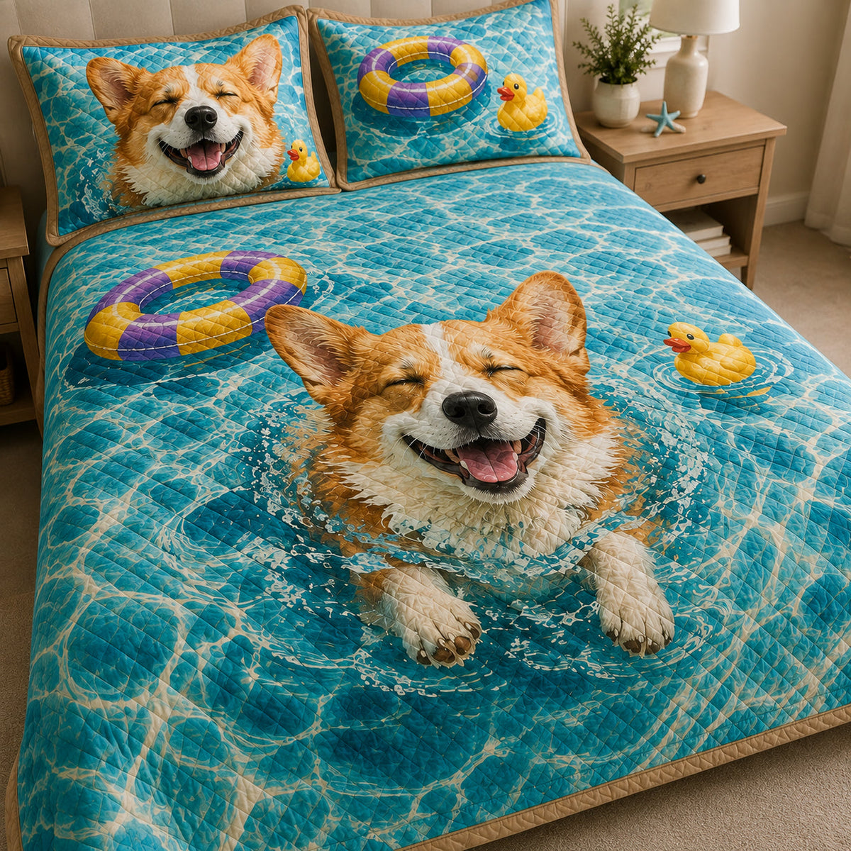 Corgi Summer Pool Quilt Set: wider bedroom view with matching shams showing Corgi Summer Pool