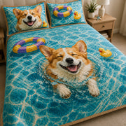 Corgi Summer Pool Quilt Set: wider bedroom view with matching shams showing Corgi Summer Pool