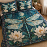 Dragonfly Lotus Floral Quilt Set: angled bedroom view showing Dragonfly Lotus Floral