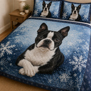 Boston Terrier Winter Snowflake Quilt Set: wider bedroom view with matching shams showing Boston Terrier Winter Snowflake