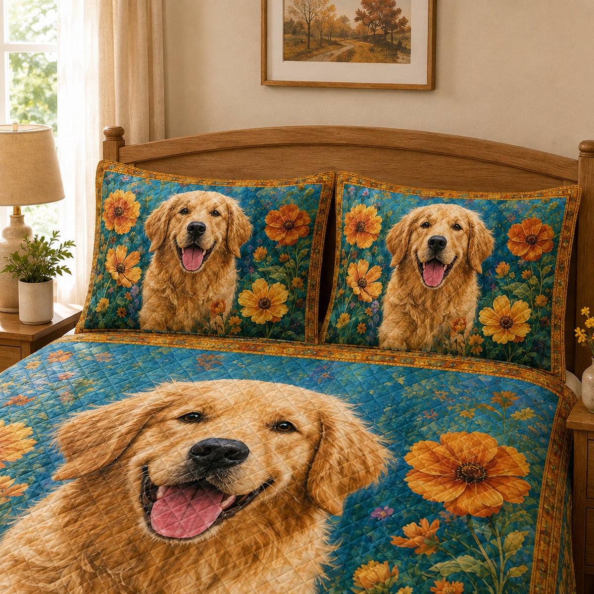 Golden Retriever Sunflower Garden Quilt Set: close view of the quilt artwork showing Golden Retriever Sunflower Garden