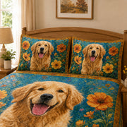 Golden Retriever Sunflower Garden Quilt Set: close view of the quilt artwork showing Golden Retriever Sunflower Garden