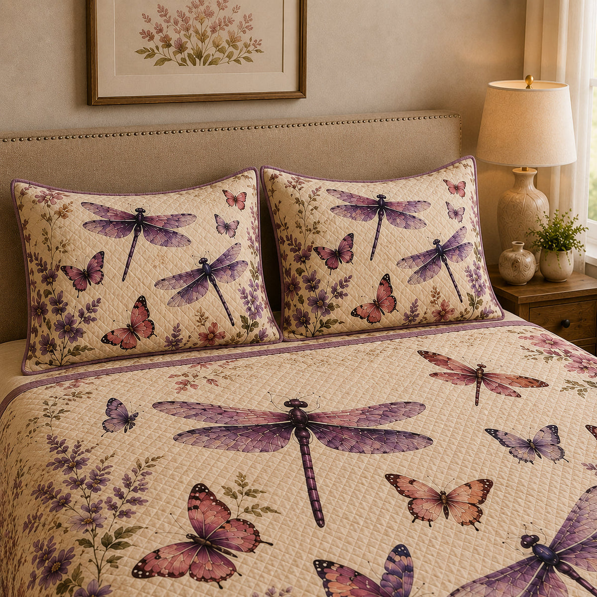 Purple Dragonfly Butterfly Floral Quilt Set: wider bedroom view with matching shams showing Purple Dragonfly Butterfly Floral