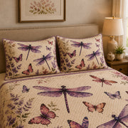 Purple Dragonfly Butterfly Floral Quilt Set: wider bedroom view with matching shams showing Purple Dragonfly Butterfly Floral