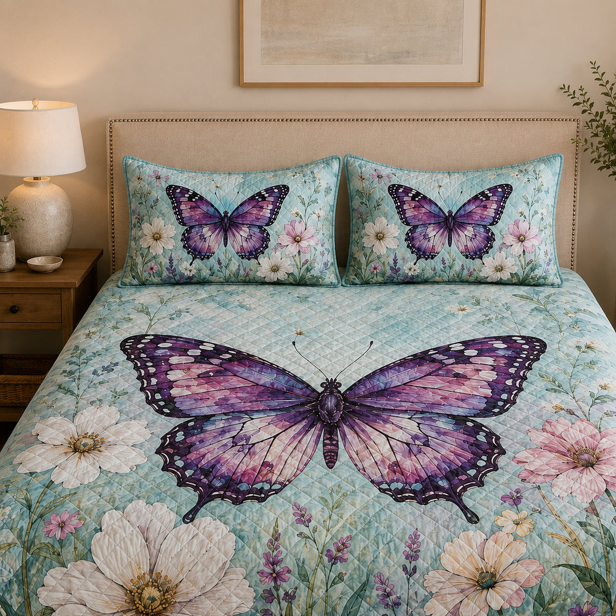 Purple Butterfly Wildflower Meadow Quilt Set: close view of the quilt artwork showing Purple Butterfly Wildflower Meadow