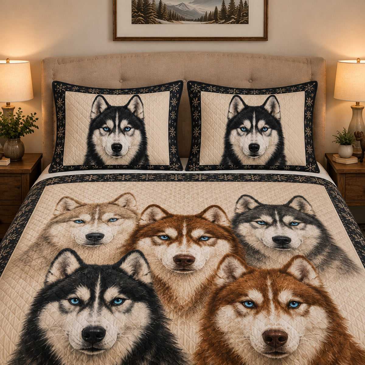 Siberian Husky Winter Quilt Set: wider bedroom view with matching shams showing Siberian Husky Winter