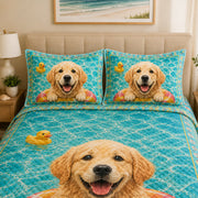 Golden Retriever Summer Pool Quilt Set: wider bedroom view with matching shams showing Golden Retriever Summer Pool