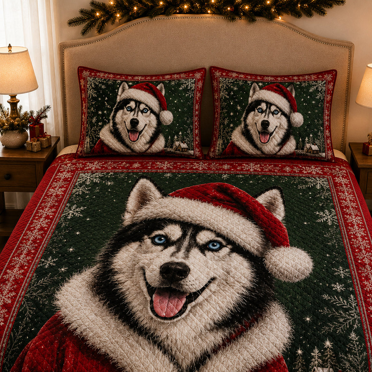Siberian Husky Santa Christmas Quilt Set: angled bedroom view showing Siberian Husky Santa Christmas