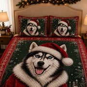 Siberian Husky Santa Christmas Quilt Set: angled bedroom view showing Siberian Husky Santa Christmas