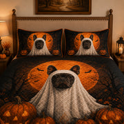 French Bulldog Halloween Ghost Quilt Set: wider bedroom view with matching shams showing French Bulldog Halloween Ghost