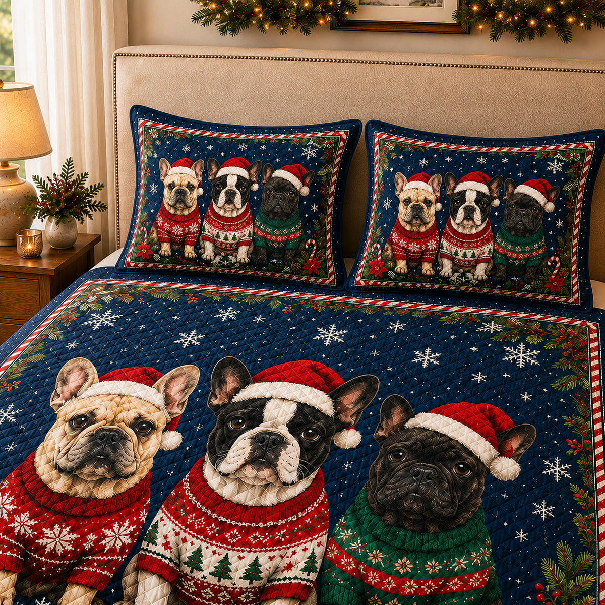 French Bulldog Christmas Quilt Set, Holiday Frenchie Decor: close view of the quilt artwork showing French Bulldog Christmas