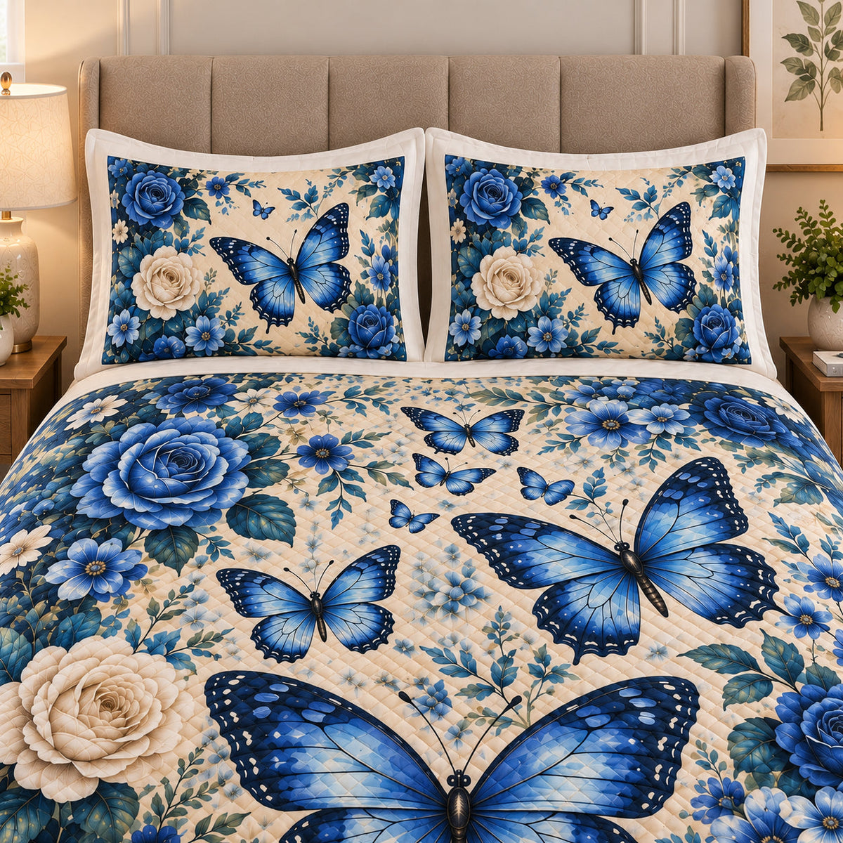 Blue Butterfly Rose Quilt Set: close view of the quilt artwork showing Blue Butterfly Rose