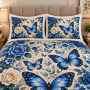 Blue Butterfly Rose Quilt Set: close view of the quilt artwork showing Blue Butterfly Rose