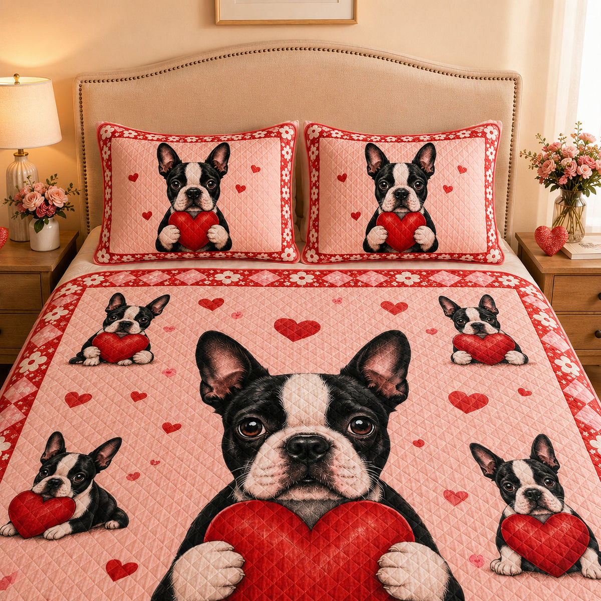 Boston Terrier Heart Quilt Set: angled bedroom view showing Boston Terrier Heart