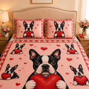 Boston Terrier Heart Quilt Set: angled bedroom view showing Boston Terrier Heart