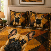 French Bulldog Geometric Quilt Set: wider bedroom view with matching shams showing French Bulldog Geometric