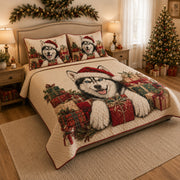 Siberian Husky Christmas Gifts Quilt Set: wider bedroom view with matching shams showing Siberian Husky Christmas Gifts
