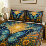 Blue Butterfly Sunflower Quilt Set: close view of the quilt artwork showing Blue Butterfly Sunflower