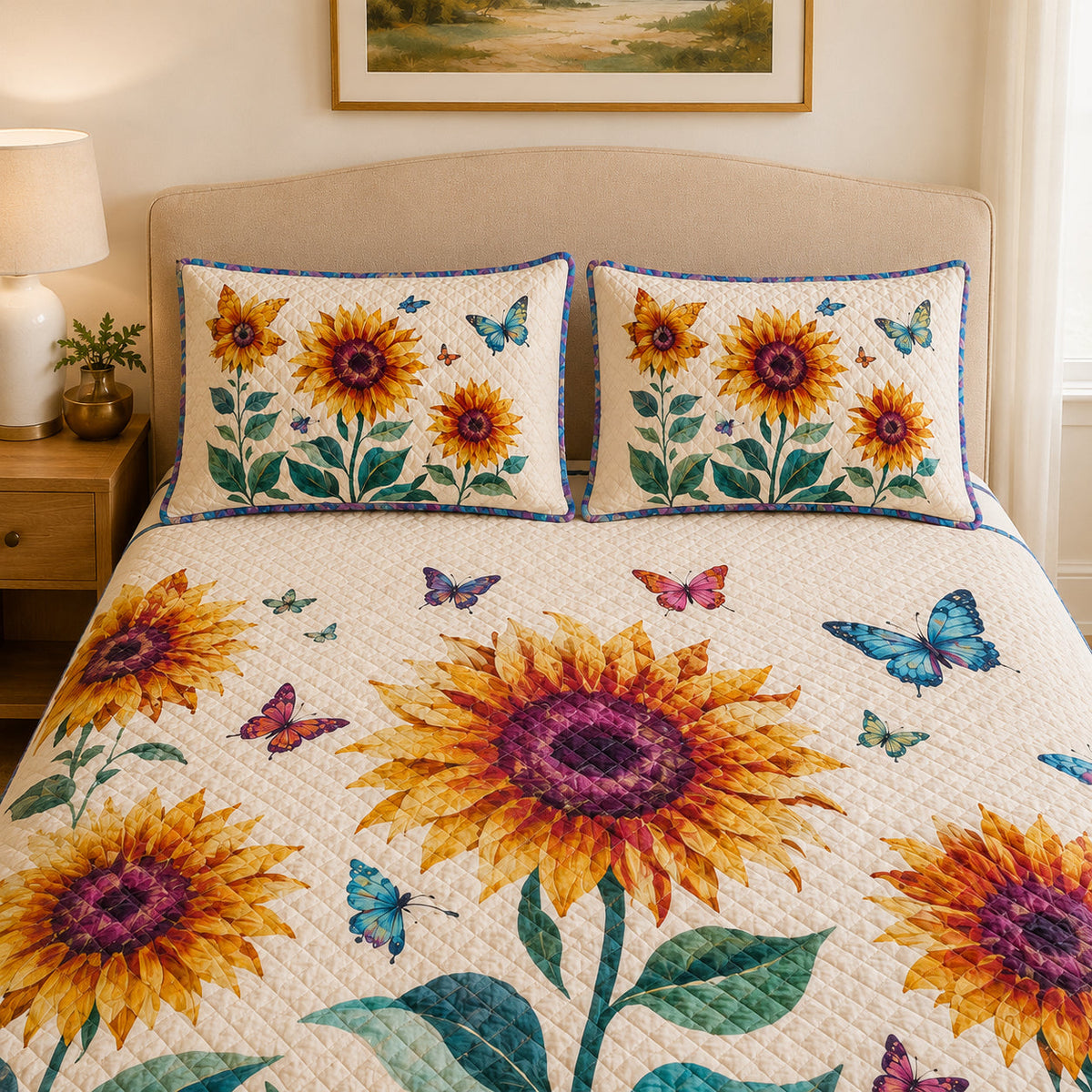 Sunflower Butterfly Floral Quilt Set: wider bedroom view with matching shams showing Sunflower Butterfly Floral
