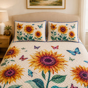 Sunflower Butterfly Floral Quilt Set: wider bedroom view with matching shams showing Sunflower Butterfly Floral