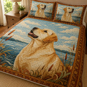 Yellow Labrador Rustic Lake Quilt Set: wider bedroom view with matching shams showing Yellow Labrador Rustic Lake