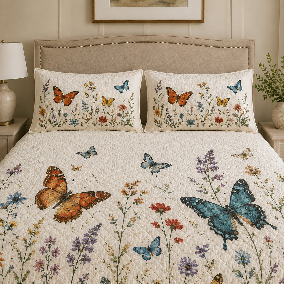 Butterfly Wildflower Quilt Set: wider bedroom view with matching shams showing Butterfly Wildflower