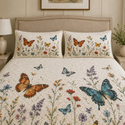 Butterfly Wildflower Quilt Set: wider bedroom view with matching shams showing Butterfly Wildflower