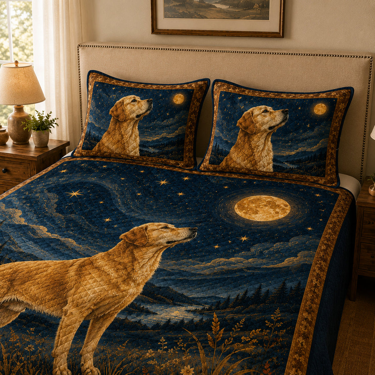 Golden Retriever Moonlight Quilt Set: close view of the quilt artwork showing Golden Retriever Moonlight