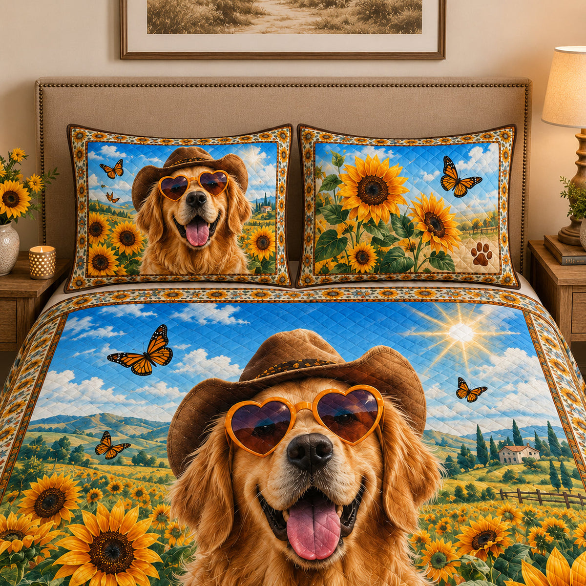 Golden Retriever Sunflower Floral Quilt Set: angled bedroom view showing Golden Retriever Sunflower Floral