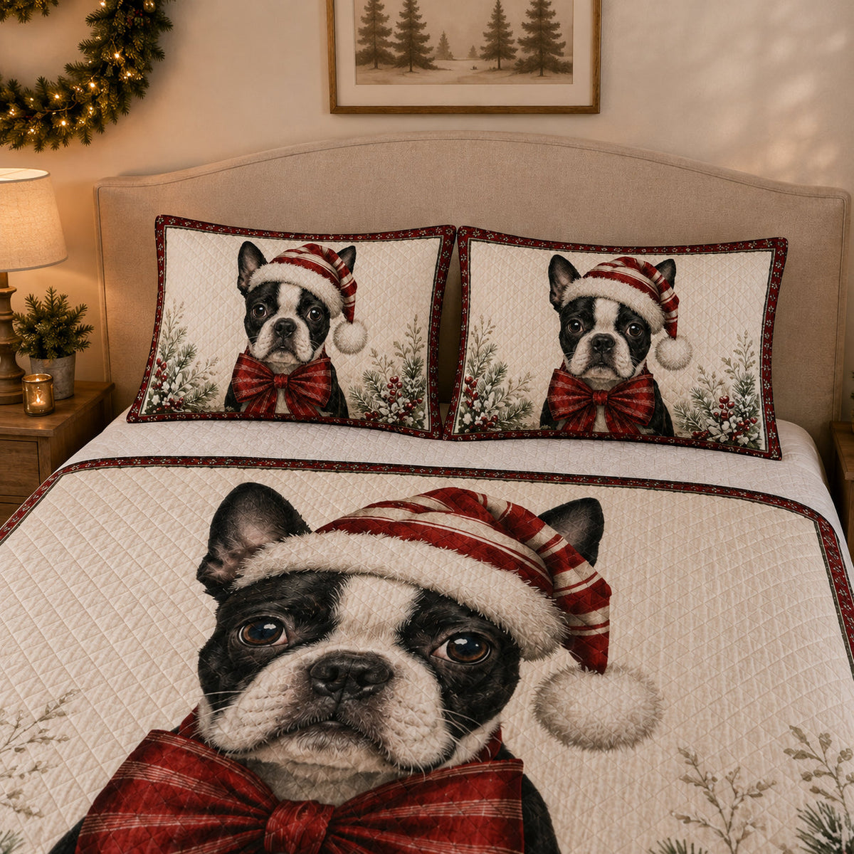 Boston Terrier Christmas Quilt Set: close view of the quilt artwork showing Boston Terrier Christmas