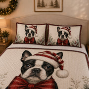 Boston Terrier Christmas Quilt Set: close view of the quilt artwork showing Boston Terrier Christmas