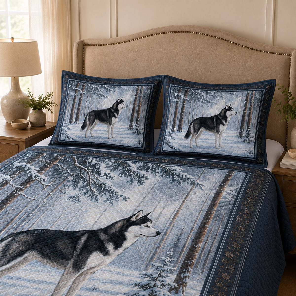 Siberian Husky Snowy Forest Winter Quilt Set: angled bedroom view showing Siberian Husky Snowy Forest Winter