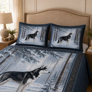 Siberian Husky Snowy Forest Winter Quilt Set: angled bedroom view showing Siberian Husky Snowy Forest Winter