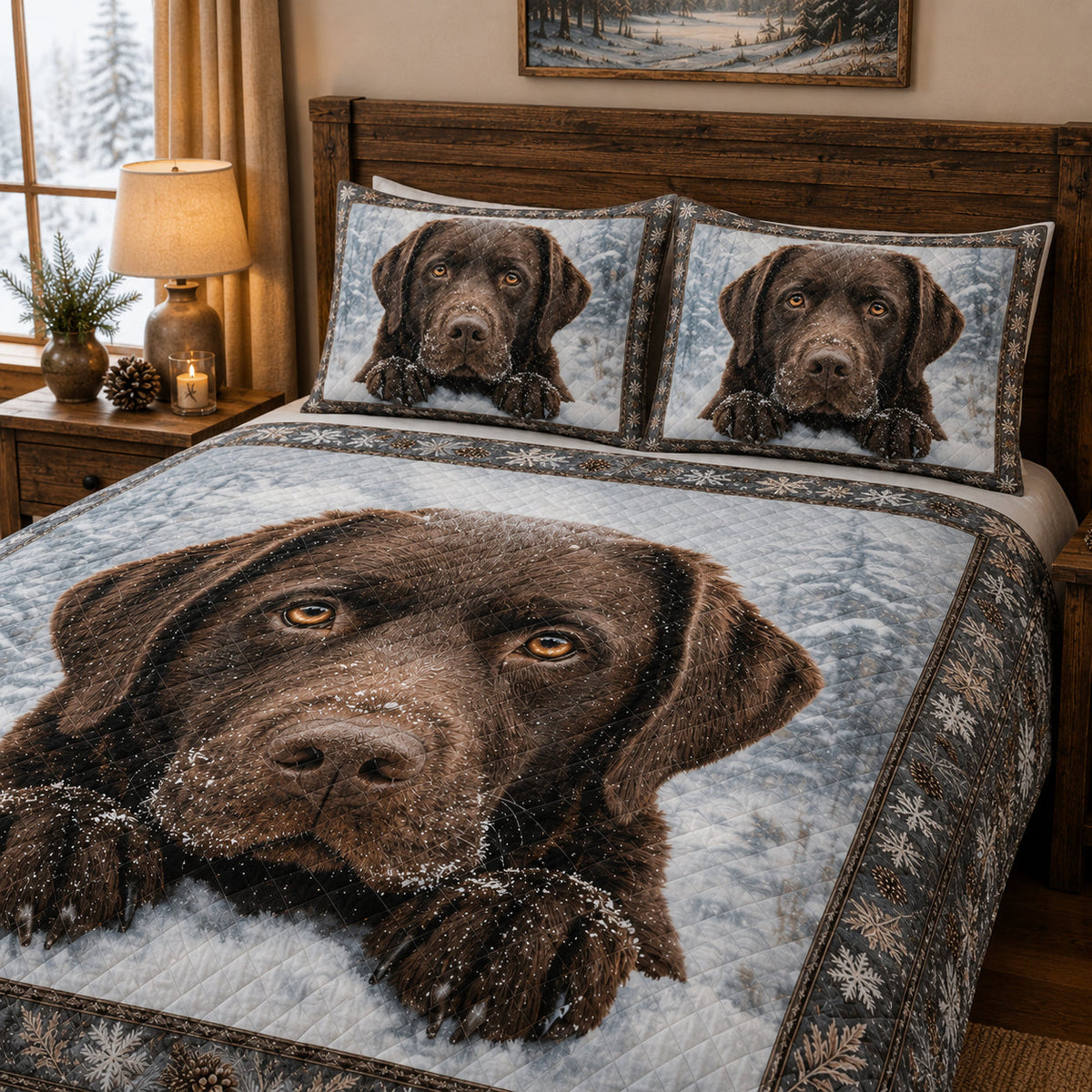 Labrador Winter Snow Quilt Set: wider bedroom view with matching shams showing Labrador Winter Snow