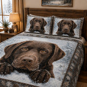 Labrador Winter Snow Quilt Set: wider bedroom view with matching shams showing Labrador Winter Snow