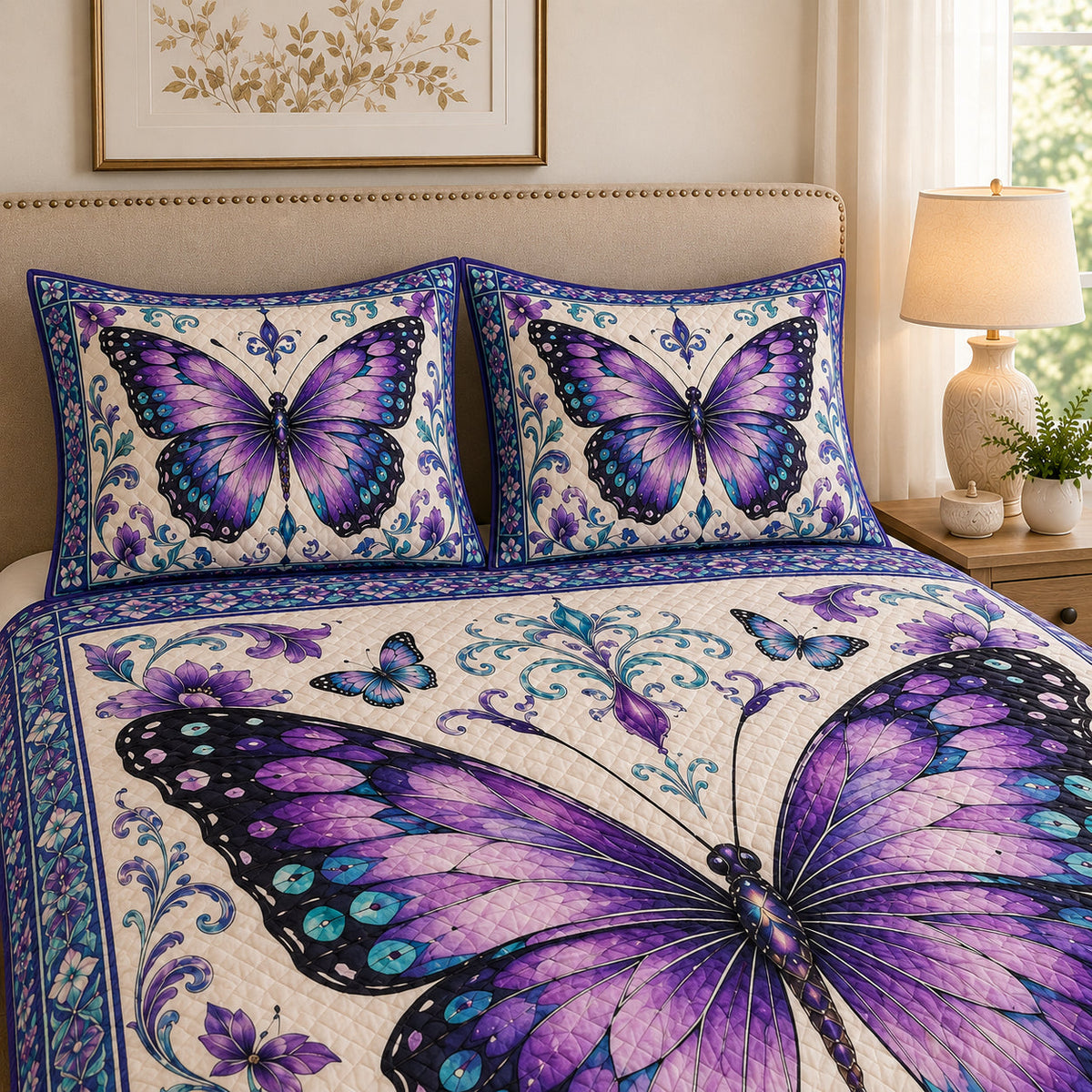 Purple & Teal Butterfly Floral Quilt Set: angled bedroom view showing Purple & Teal Butterfly Floral