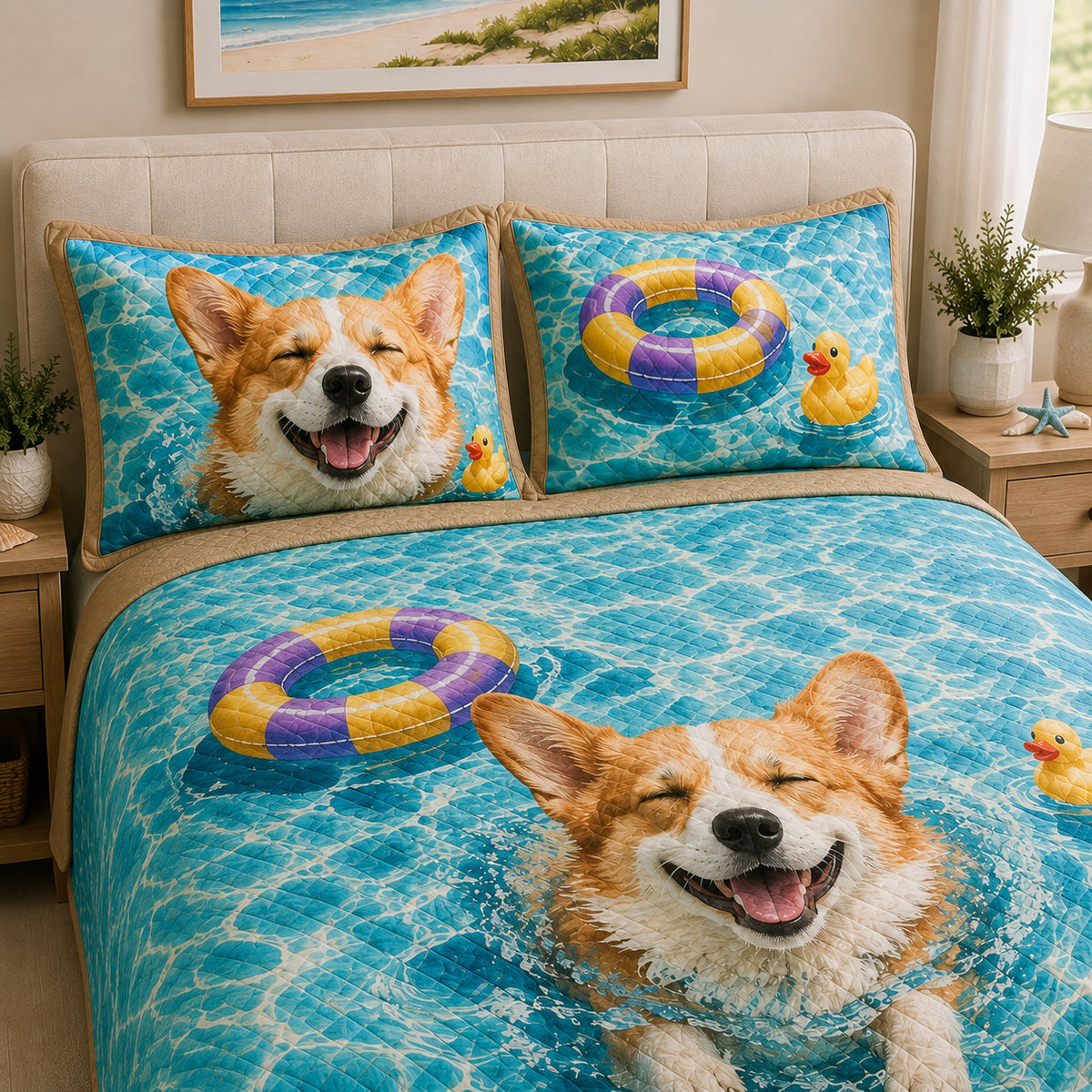 Corgi Summer Pool Quilt Set: angled bedroom view showing Corgi Summer Pool