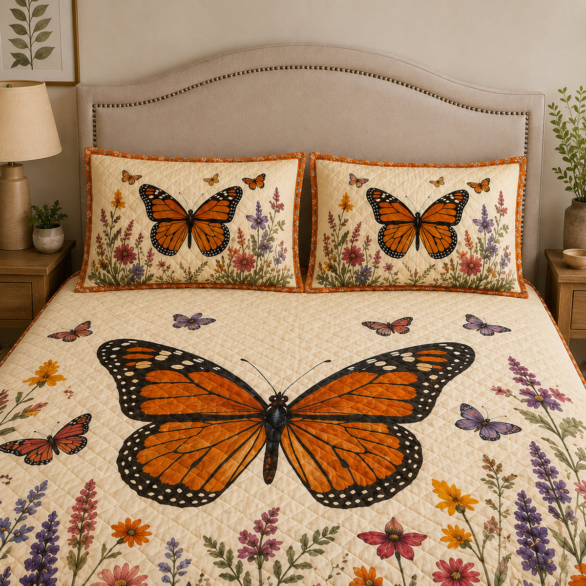 Monarch Butterfly Wildflower Quilt Set: close view of the quilt artwork showing Monarch Butterfly Wildflower
