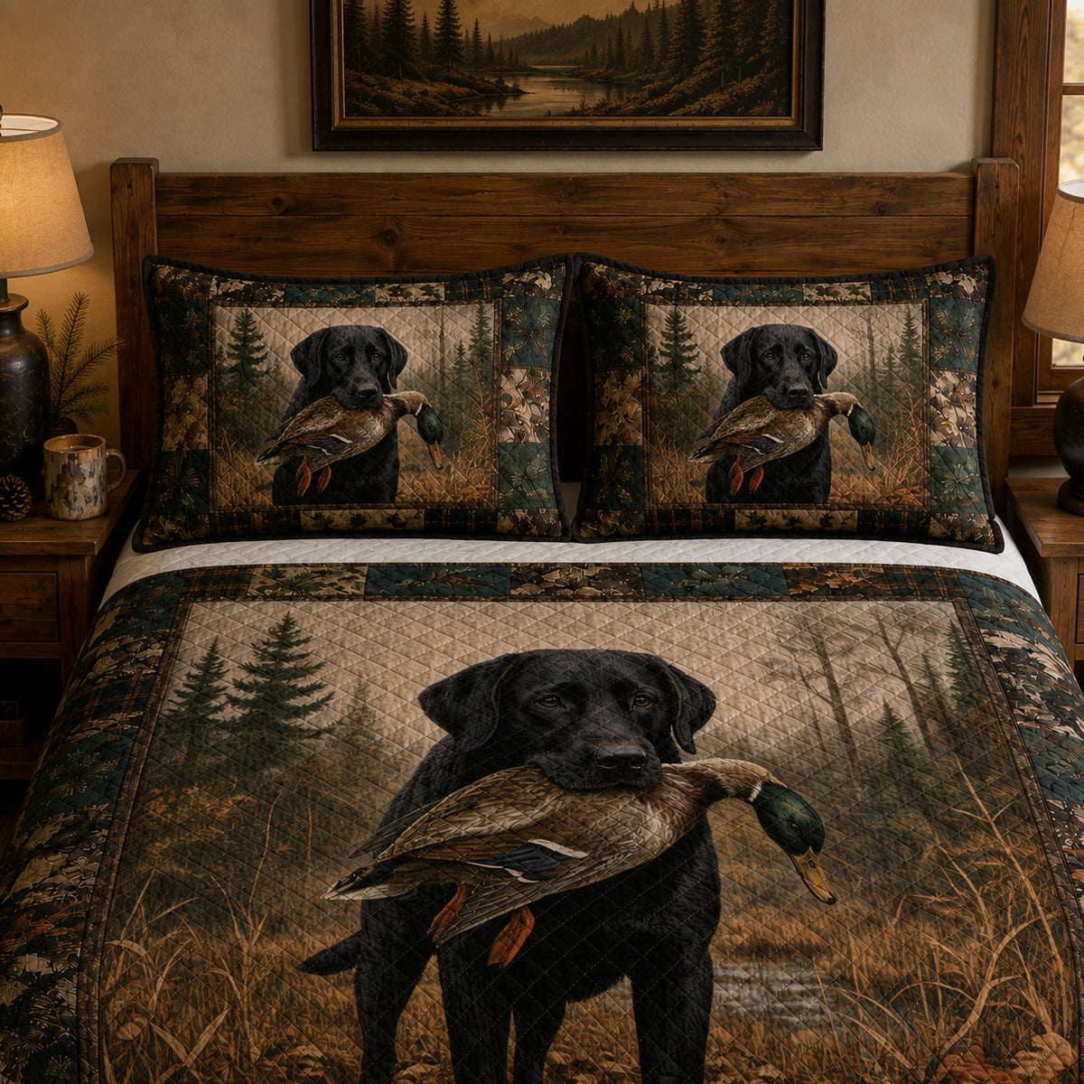 Black Labrador Duck Hunting Rustic Quilt Set: close view of the quilt artwork showing Black Labrador Duck Hunting Rustic