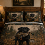 Black Labrador Duck Hunting Rustic Quilt Set: close view of the quilt artwork showing Black Labrador Duck Hunting Rustic