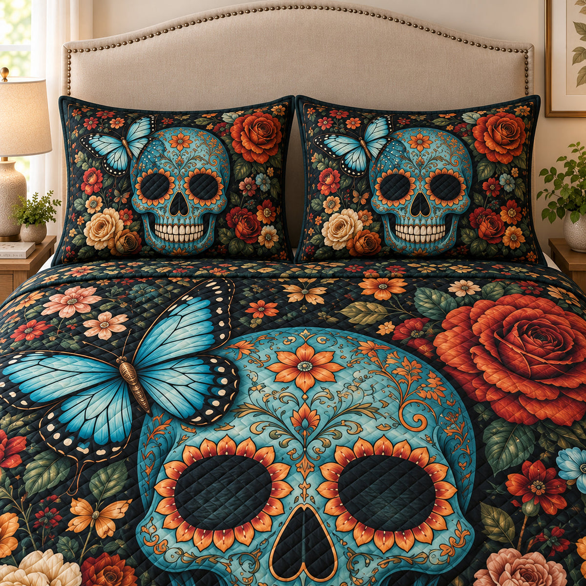 Sugar Skull Butterfly Floral Quilt Set: wider bedroom view with matching shams showing Sugar Skull Butterfly Floral