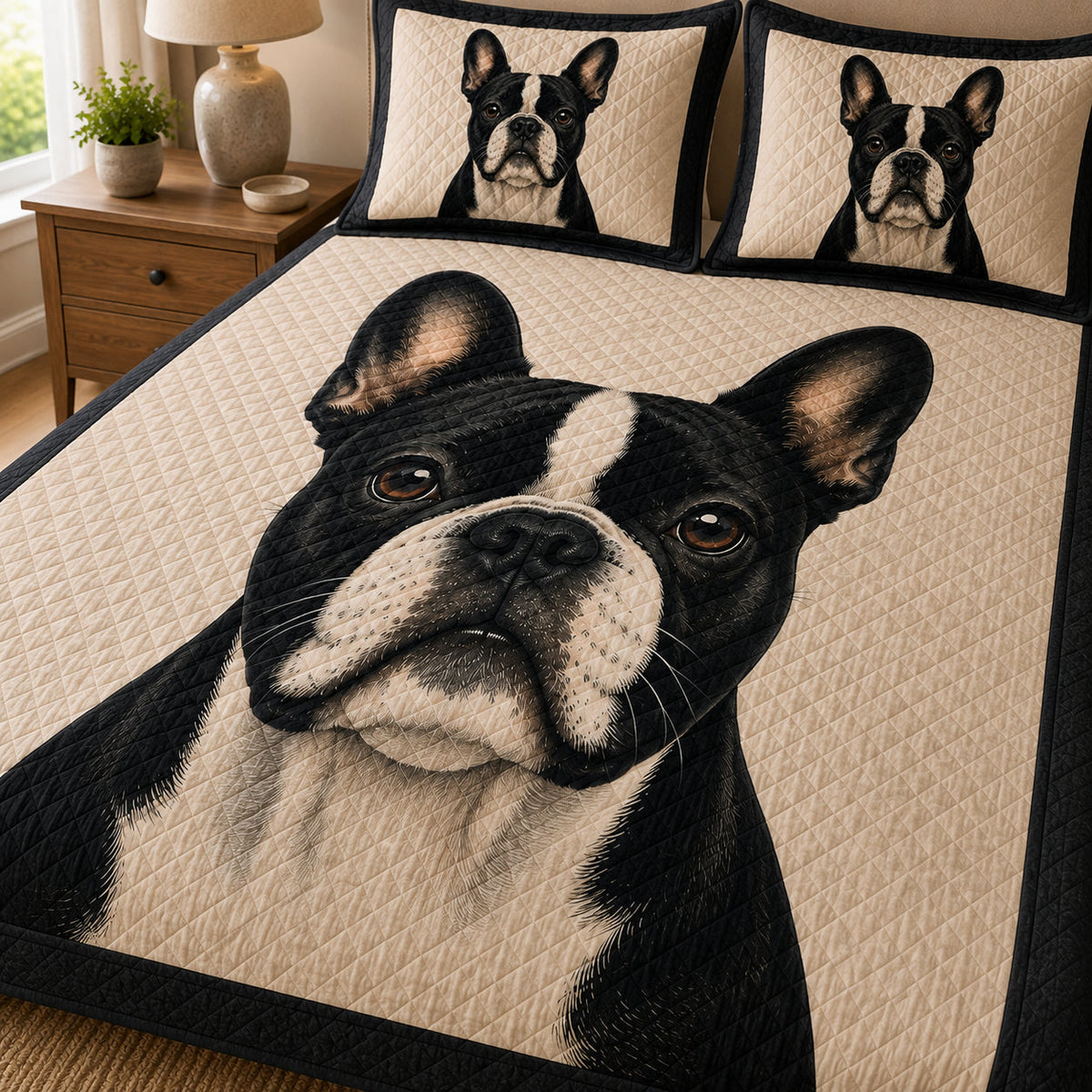 Boston Terrier Black & White Quilt Set: wider bedroom view with matching shams showing Boston Terrier Black & White