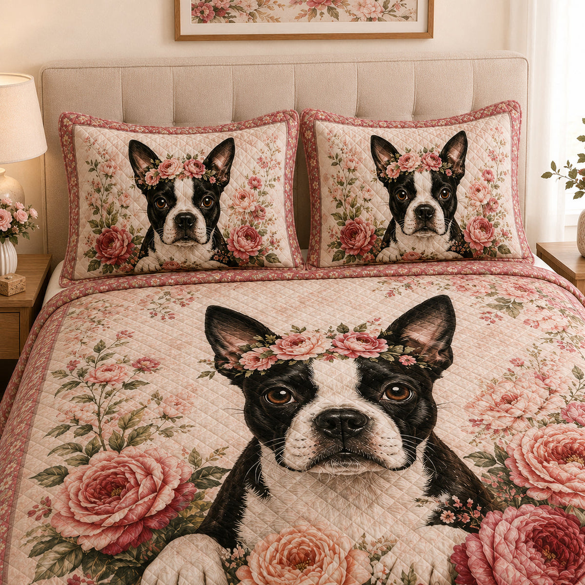 Boston Terrier Rose Floral Quilt Set: angled bedroom view showing Boston Terrier Rose Floral