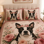 Boston Terrier Rose Floral Quilt Set: angled bedroom view showing Boston Terrier Rose Floral
