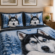 Siberian Husky Blue Snow Winter Quilt Set: close view of the quilt artwork showing Siberian Husky Blue Snow Winter