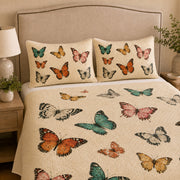 Colorful Butterfly Quilt Set: wider bedroom view with matching shams showing Colorful Butterfly