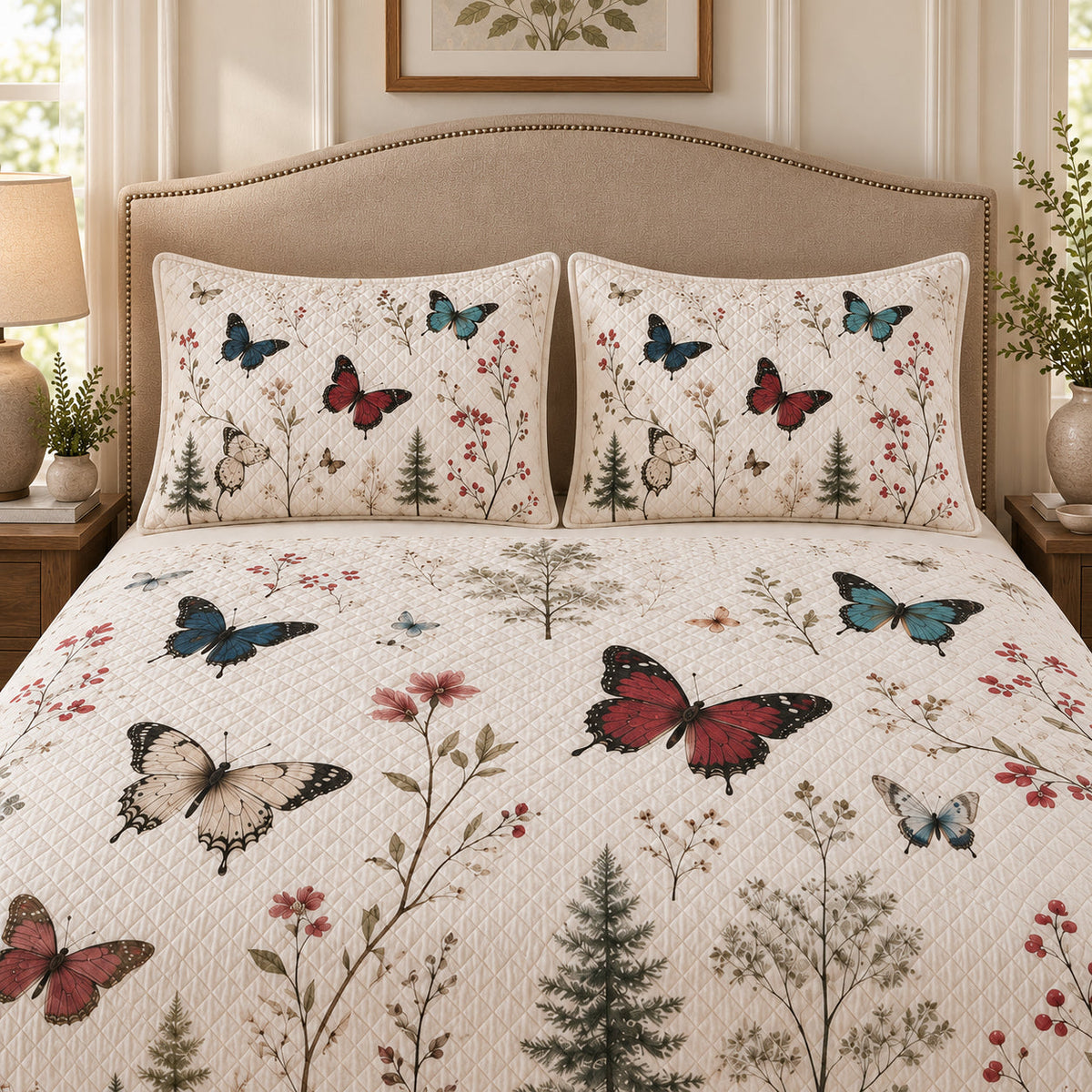 Butterfly Woodland Floral Quilt Set: wider bedroom view with matching shams showing Butterfly Woodland Floral