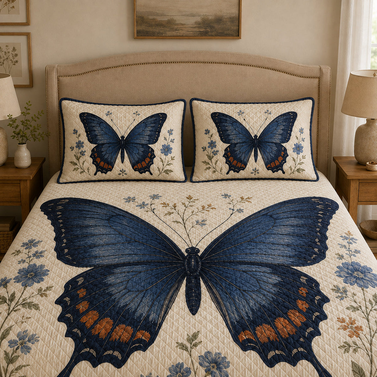 Blue Butterfly Floral Quilt Set: wider bedroom view with matching shams showing Blue Butterfly Floral